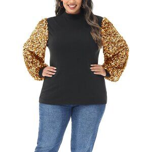 Women's Plus Size Sparkle Sequin Sweatshirt Mock Neck Long Sleeve Glitter Top